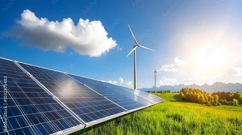 Poster renewable energy farm with rows of solar panels and wind turbines working together to produce clean 