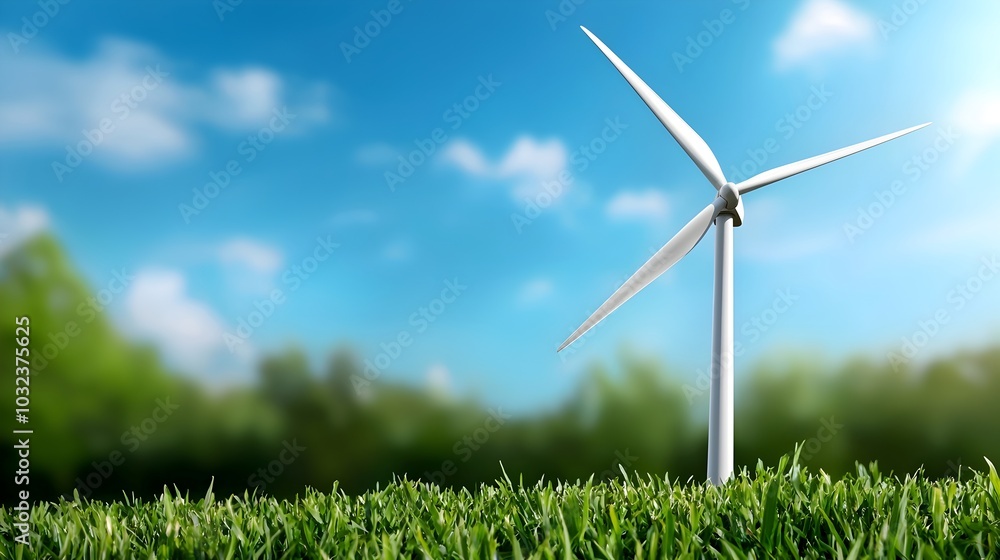 Wall mural Close up view of a single rotating wind turbine blade turning in the wind against a vibrant blue sky  Renewable energy and sustainable power concept