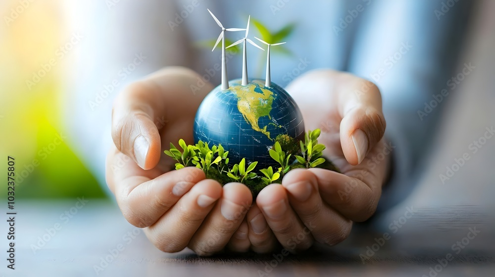 Poster hands cradling a small globe surrounded by miniature wind turbines and solar panels symbolizing rene