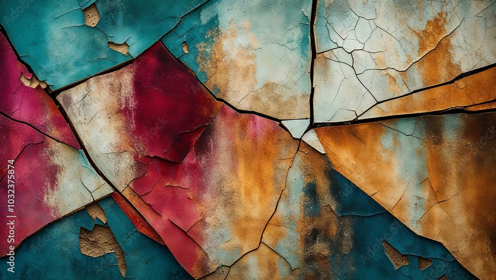 Poster Abstract texture of cracked and peeling paint in various colors.