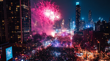 Fireworks lighting up the skyline at midnight, with joyful crowds celebrating the New Year in the foreground 