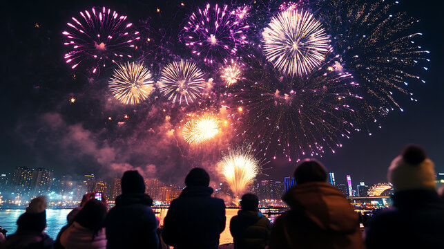 A festive atmosphere with people watching an elaborate fireworks show over the city, celebrating the arrival of the New Year 