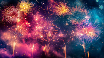 An aerial view of a city during a New Year&rsquo;s celebration, showcasing a stunning fireworks display with vibrant colors against the dark sky 