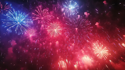 An aerial view of a city during a New Year&rsquo;s celebration, showcasing a stunning fireworks display with vibrant colors against the dark sky 