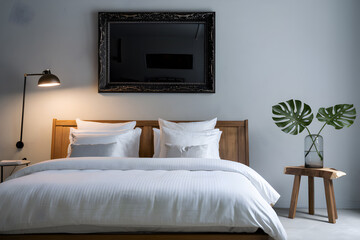 Wooden bed with white linens, black frame, serene bedroom scene with soft lighting