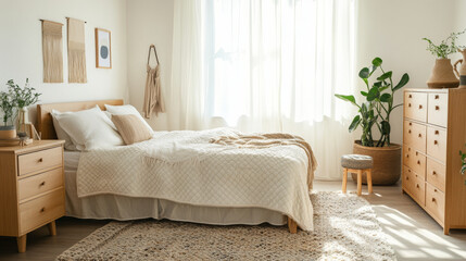A cozy and serene bedroom featuring light color palette, comfortable bed with soft bedding, and natural light streaming through sheer curtains. space is adorned with plants and wooden furniture, creat