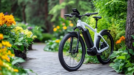 Fototapeta premium Electric Bicycle Parked Next to a Solar Powered Charging Station Demonstrating the of Renewable Energy and Eco Friendly Transportation in a Modern Urban Setting