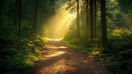 Fototapeta premium Scenic Hiking Trail Through Dense Forest Light