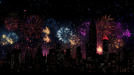 Obraz premium Spectacular fireworks exploding in various shapes and colors against a dark sky, illuminating the silhouettes of skyscrapers below 