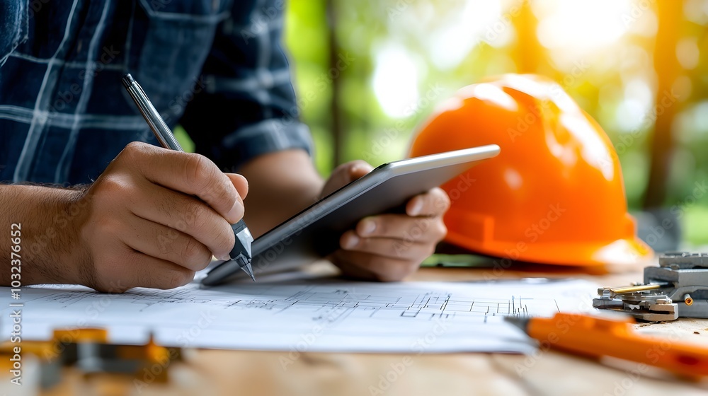 Poster close up shot of a construction engineer s hands holding construction blueprints and a digital table