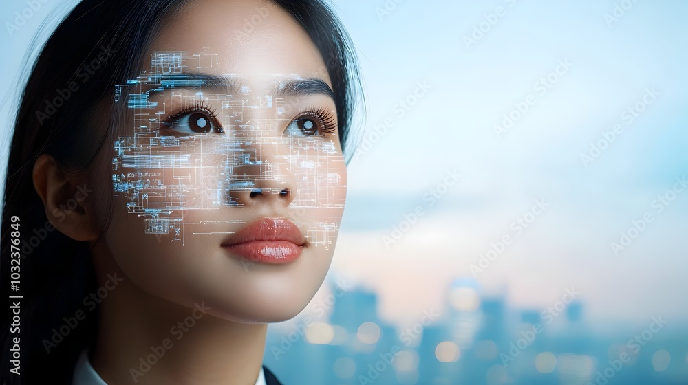 Poster visionary engineering blueprint overlaying a double exposure of a modern urban cityscape under activ