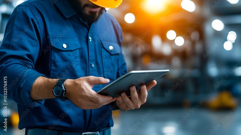 Poster a construction engineer carefully reviewing digital drawings and plans displayed on a tablet device 