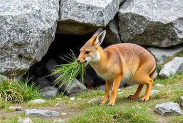 _. Pika carrying mouthful of grass to rocky den