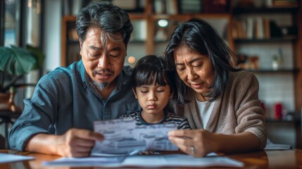 Obraz premium Asian family feeling the impact of rising living expenses, with bills and debt piling up