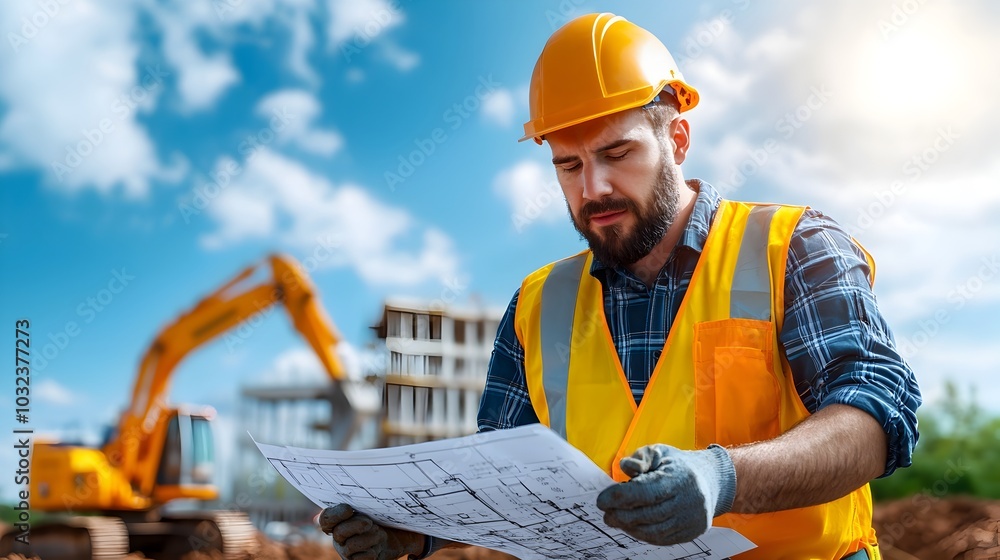 Aufkleber Blending Blueprints and Building Sites The Art of Construction Engineering Showcasing the Seamless of Architectural Plans and Active Construction Scenes