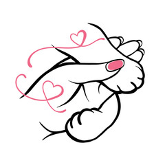 Human hand and cat paw in female palm. Heart shape. Friendship between human and animal. Cheerful character greets pet with handshake. Best friends. Vector
