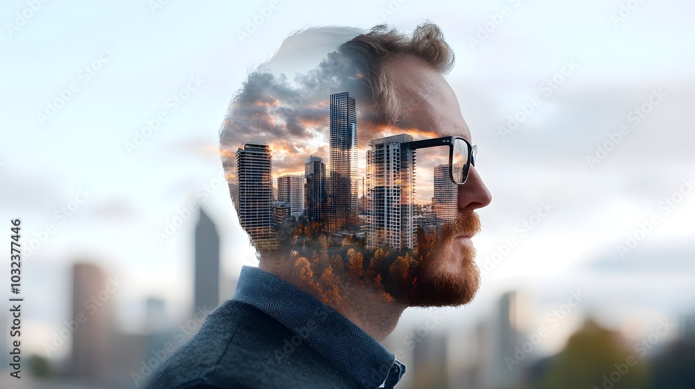 Fototapete Double exposure image of an engineer wearing safety gear with a building site and architectural plans overlaid in a creative abstract composition  Concept of innovation technology