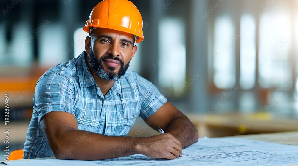 Fototapete Double exposure photo of a construction engineer overlaying building plans and blueprints with an active construction site scene  Concept of urban development architectural design