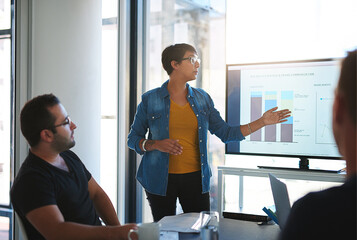 Woman, presentation and charts on screen, office and group with review b2b strategy. Business people, speaker and information with pointing, feedback and board for graphs for brand communication