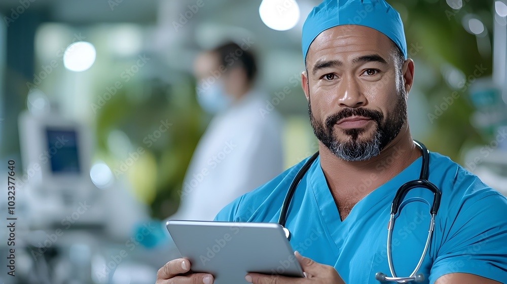 Aufkleber doctor or medical professional using a digital tablet device to review and analyze patient data and 