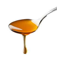 Golden honey dripping from a spoon on a transparent background