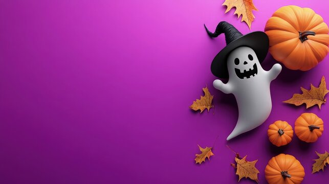 A spooky 3D pumpkin ghost in the corner holding a black hat, surrounded by three tiny pumpkins and scattered dry leaves, set against a vibrant purple background with ample space for copy.