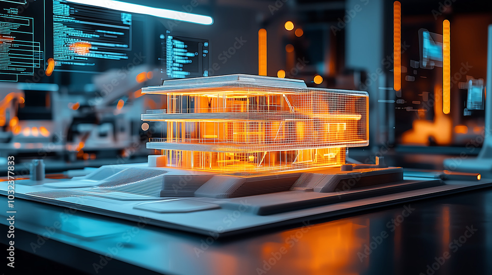 Poster 3d architectural model of a futuristic building illuminated by glowing digital elements