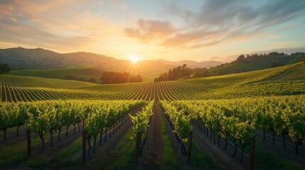 Naklejka premium Serene Sunset Over a Picturesque Vineyard