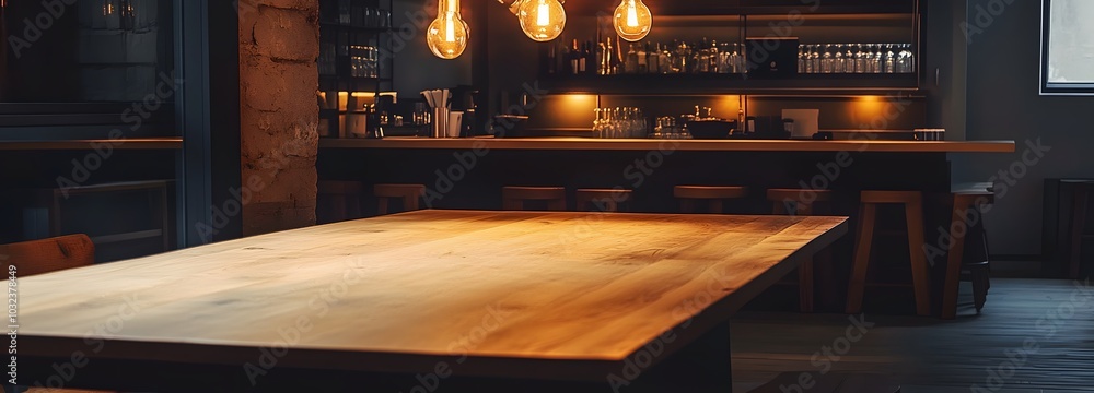Poster 14. an open space with a wooden table under soft ambient lighting, perfect for display