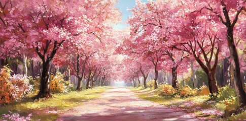 A picturesque path lined with blooming cherry blossom trees in a forest setting.