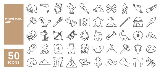 Set of 50 line icons related to prehistoric age, dinosaur, meteorite, primitive, axe, flame, mammoth, cave, fishing, rock, stones, Editable stroke. Vector illustration