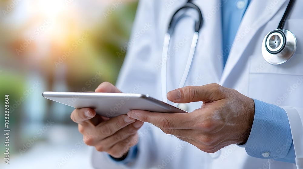 Aufkleber Professional Doctor Explaining and Reviewing Medical Test Results and Analysis with Patient Using a Digital Tablet Display for Visualization and Communication of Healthcare Information
