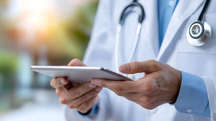 Professional Doctor Explaining and Reviewing Medical Test Results and Analysis with Patient Using a Digital Tablet Display for Visualization and Communication of Healthcare Information