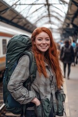 cheerful woman with long red hair stands at train station, wearing green backpack and casual travel attire. She smiles warmly at camera, embodying spirit of adventure