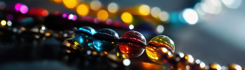 Beaded necklace with vibrant lighting, sleek design, soft glow.