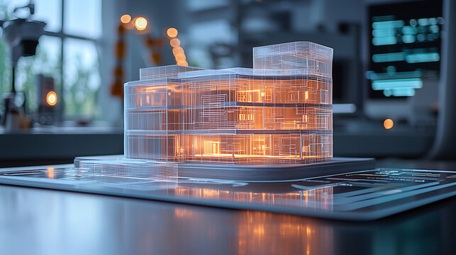 3d futuristic architectural model illuminated with digital elements in a modern design