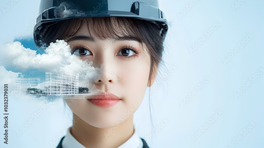 Poster double exposure image depicting an engineer in safety gear such as a hard hat with a building site a