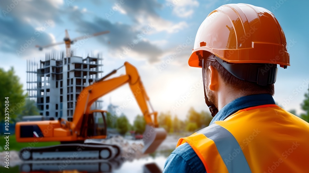 Poster double exposure image of a safety geared engineer standing amidst a building site with architectural