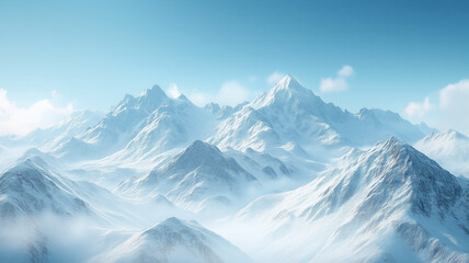 An expansive, snow-covered mountain range with soft clouds drifting among the peaks under a pale blue sky,