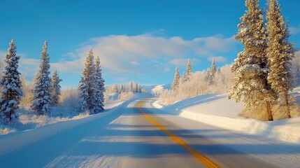 Obraz premium Snow-laden trees forming a natural tunnel over a quiet road