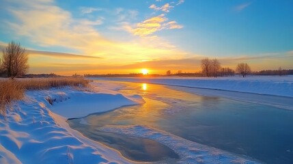 Fototapeta premium Snowy landscape with a frozen river reflecting twilight colors
