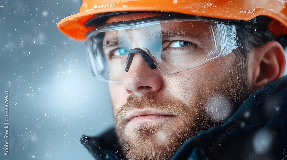 Poster double exposure image depicting an engineer in safety gear such as a vest and hard hat overseeing a 