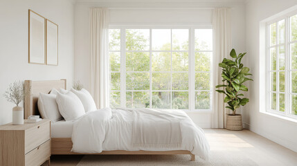 Fototapeta premium A serene bedroom featuring cozy bed with white bedding, large windows allowing natural light, and decorative plant in pot, creating peaceful atmosphere