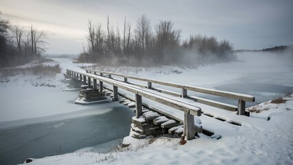 Desolate Wooden Bridge Over Frozen River in Winter Fog