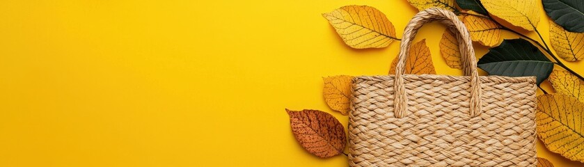Obraz premium Woven straw bag with autumn leaves on vibrant yellow background.