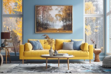 Vibrant yellow sofa and chair near teal wall with poster frame. Scandinavian interior design of modern living room.