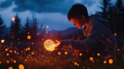 Fototapeta premium A boy captures glowing orbs in a magical twilight landscape filled with twinkling lights and distant mountains