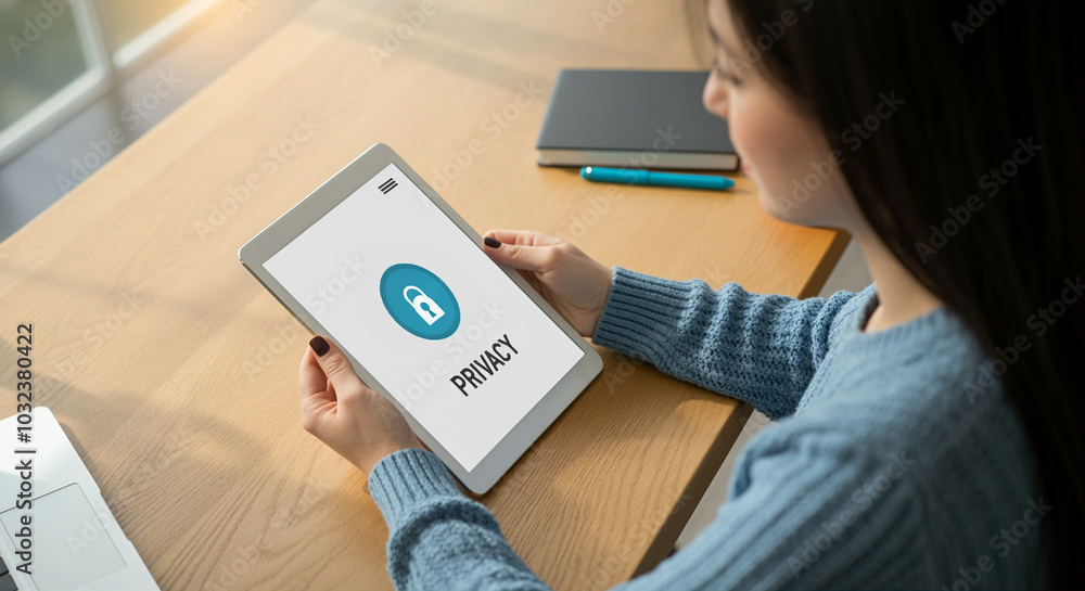 Poster tablet with privacy icon on screen showing technology and security features in modern workspace