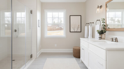 A modern bathroom featuring spacious shower, elegant vanity, and natural light streaming through window creates serene and inviting atmosphere