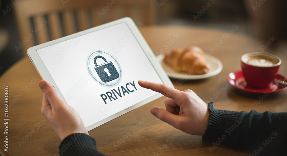 Poster tablet displaying privacy security concept with padlock symbol and user interaction modern technolog